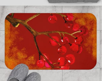 Bath Mat, fall Bath Mat, autumn Bath Mat with berries,  Bath Mat with autumn berries, fall floral Bath Mat, Bath Mat in autumn colors