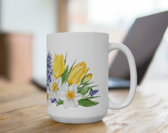 Ceramic Mug 15oz, spring mug, mug with tulips and daffodils, mug with watercolor spring flowers