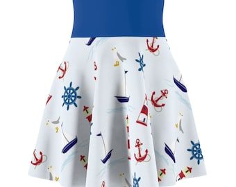 Women's Skater Skirt,  marine  Skater Skirt, Skater Skirt with anchors, gulls and lighthouses, nautical Skater Skirt