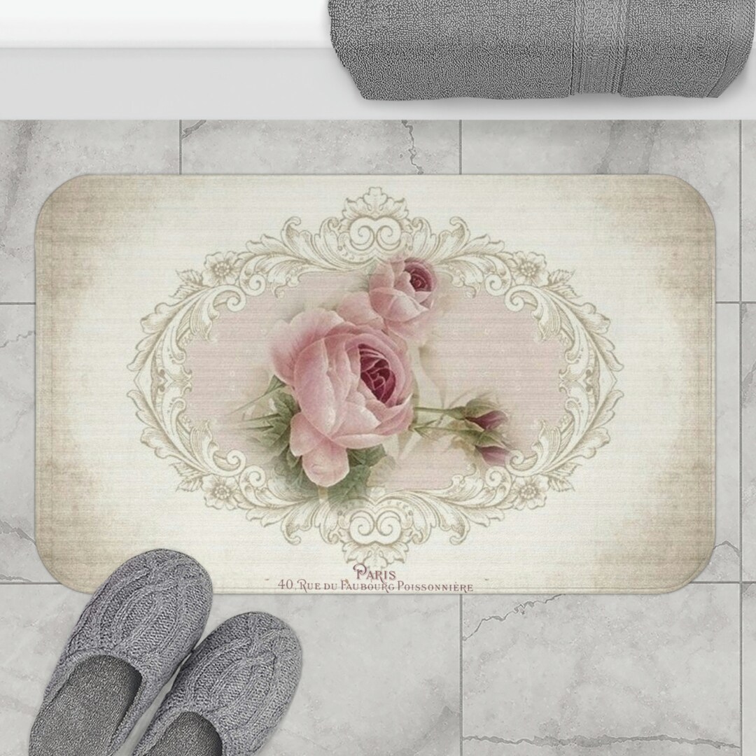 Bath Mat, Shabby Chic Bath Mat, Bath Mat With Rose, Shabby Chic Paris