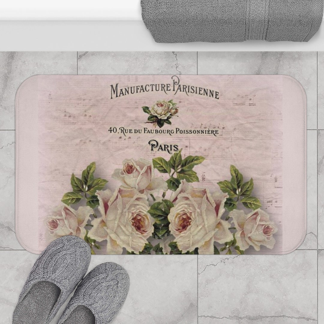 Bath Mat, Shabby Chic Bath Mat, Bathroom Decor Retro Paris, Bath Mat French Style, Luxury Floral
