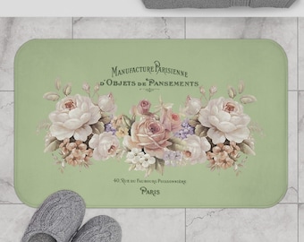 Bath Mat, light green Shabby chic Bath Mat,  Bath Mat with rose, Shabby chic Paris Bath Mat, White Rose Bath Mat