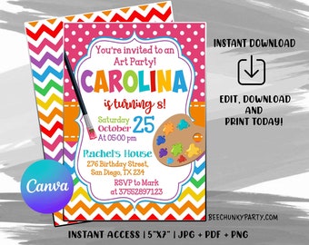 Invitación a fiesta de arte, invitación de cumpleaños de chica de fiesta de arte, fiesta de cumpleaños de arte, invitación a fiesta de pintura, descarga instantánea