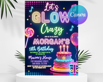 Invitación de cumpleaños Glow Crazy, invitación con brillo neón, invitación de cumpleaños Glow Party, cumpleaños de niña imprimible digital, plantilla de Canva editable