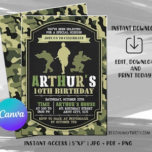 Faire-part de l'armée modifiable, faire-part d'anniversaire de l'armée, faire-part de l'armée, fête de l'armée avec toile