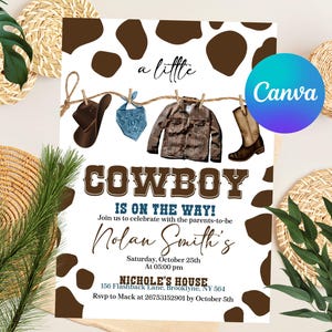 Editable A Little Cowboy Baby Shower Invitation, Wild West Baby Shower Invite, Brown Cowboy Baby Shower Invite, Rodeo Baby, Instant Download