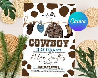 Editable A Little Cowboy Baby Shower Invitation, Wild West Baby Shower Invite, Brown Cowboy Baby Shower Invite, Rodeo Baby, Instant Download
