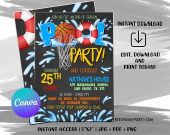 Editable Basketball Pool Party Invitation, Pool Party Invitation, Basketball Pool Party - Digital File