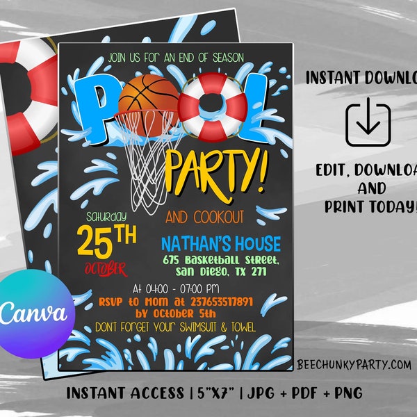 Editable Basketball Pool Party Invitation, Pool Party Invitation, Basketball Pool Party - Digital File