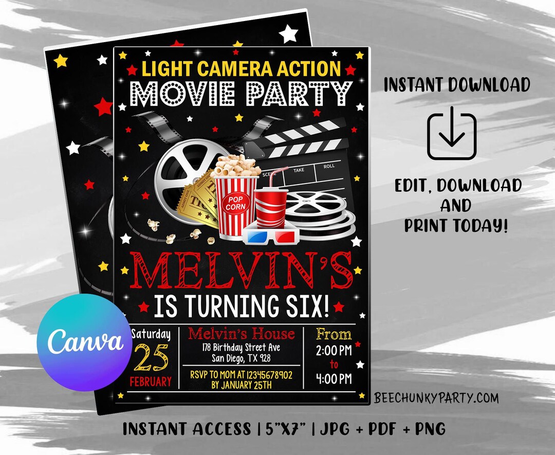 Editable Movie Birthday Invitation, Printable Birthday Party ...