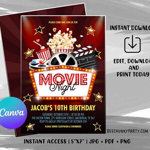 Invitación a una noche de cine. Invitación de cumpleaños de noche de cine. ¡Descarga instantánea de Movie Night AHORA!