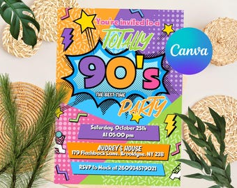 Editable 90's Birthday Invitation, 90's Party Invitation, Back to the 90's, Retro invitation, Neon party glow, Digital Invite