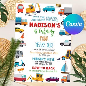 Transportation Birthday Invitation, Truck and Cars Birthday, Truck Birthday Invitation, Train, Cars Birthday Invite, Digital Download