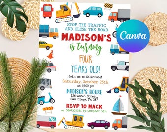 Transportation Birthday Invitation, Truck and Cars Birthday, Truck Birthday Invitation, Train, Cars Birthday Invite, Digital Download