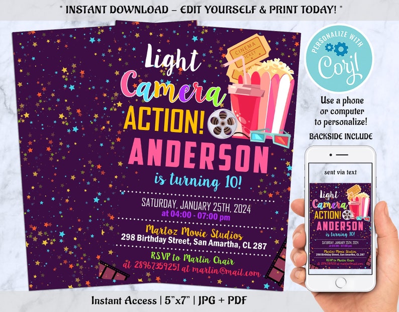 Editable Movie Invitation Movie Birthday Invitation Movie Etsy