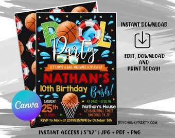 Editable Basketball Pool Party Invitation, Pool Party Invitation, Basketball Pool Party - Digital File