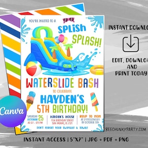 Bearbeitbare Wasserrutsche Einladung, Wasserrutsche Party einladen, Sofortiger Download Splash Pad Einladung mit CANVA