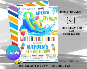 Editable water slide Invitation, water slide Party Invite, Instant Download Splash Pad Invitation with CANVA