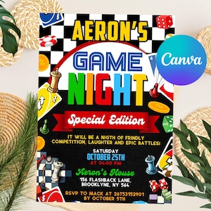 Invitación editable para una noche de juegos, invitación para una fiesta en casa, juegos de mesa, noche de juegos en familia, descarga instantánea