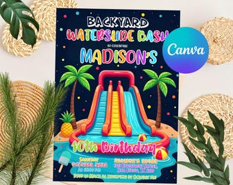 Editable Waterslide Birthday Invitation - Summer Pool Party - Splash Birthday Evite - Water Slide Bash Modern Canva Template Boy Girl