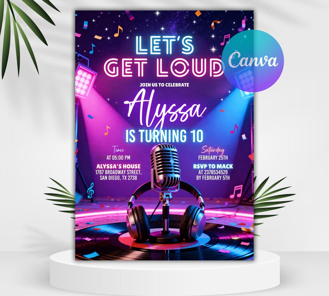 Voice Lessons Invites Karaoke Party Birthday Invitation, Singing, Music Birthday Party, Neon ...