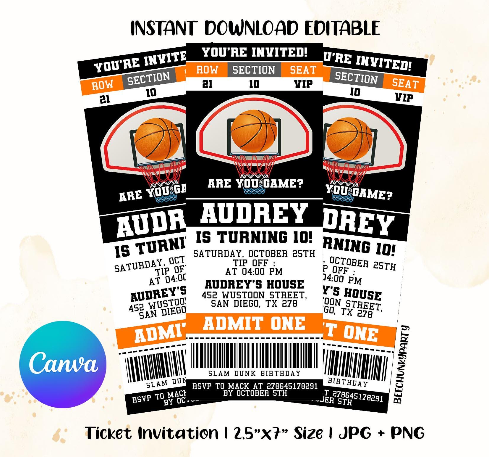 Basketball Ticket, Basketball Invitations, Basketball Ticket Invitation, Basketball Birthday Invitations, Digital Canva