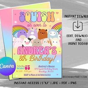 Puede incluir: Una colorida invitación de cumpleaños con el texto "SQUISH" y "ANDREA'S 8th Birthday!" con personajes de dibujos animados. Incluye detalles del evento, el logotipo de Canva e instrucciones de descarga. La invitación mide 12,7 cm x 17,8 cm.