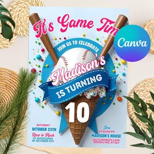 Baseball Drip Birthday Party Invitation, Digital Editable Canva Template, Baseball Ice Cream Drip Birthday Invite, Instant Access & Download