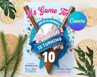 Invitación de cumpleaños con temática de béisbol, plantilla digital editable de Canva, invitación de cumpleaños con temática de béisbol, acceso y descarga instantáneos