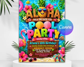 Può includere: Un colorato invito per una festa in piscina con un ananas che indossa occhiali da sole, un fenicottero rosa, fiori di ibisco e conchiglie. Il testo recita ALOHA HULA ON OVER FOR POOL PARTY, Celebrating Ariana's 10th Birthday, October 25th.