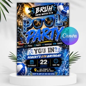 Bruh Pool Party Birthday Invitation, Swimming Kids Party Invite, Boys Birthday, Boy Summer Swim Party Invite, Editable Canva Template