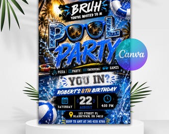 May include: A digital pool party invitation flyer featuring blue sunglasses, water splashes, and palm trees. Text includes BRUH YOU'RE INVITED TO A POOL PARTY, ROBERT'S 8TH BIRTHDAY, SATURDAY AUGUST 22, 4:00 PM, 123 STREET PL BLAIRSTOWN, DR 34212, RSVP TO AMY AT 345 4331 6766.