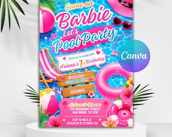 Pink Doll birthday invitation, Pool Party Invitation, Pink Fashion Doll Theme, Girls Pool Party, Digital Download, Editable Canva Template