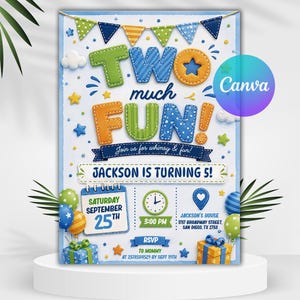 Może przedstawiać: Zaproszenie na przyjęcie urodzinowe z napisem TWO MUCH FUN! JACKSON IS TURNING 5! ozdobione kolorowymi chorągiewkami, balonami, prezentami, kalendarzem wskazującym sobotę 25 września, zegarem na godzinę 15:00 oraz adresem Jackson's House.