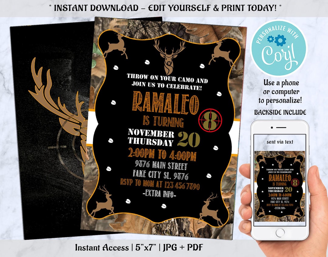 Hunting Birthday Party Invitation, Hunting Birthday Invitation, Deer ...