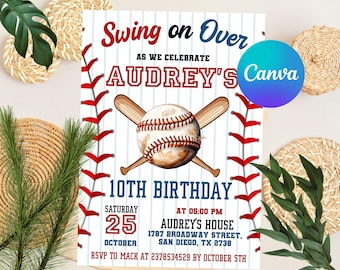 Baseball Birthday Party Invitation, Sports Birthday Invitation, Swing on Over, Rookie of the Year, Digital Editable Printable
