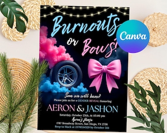 Editable Burnouts or Bows Gender Reveal Baby Shower Invitation, Boy or Girl, He or She Gender Reveal Invite, Burnouts or Bows invitation