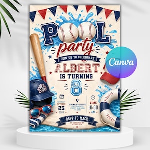 Puede incluir: Una invitación para una fiesta en la piscina con temática de béisbol que incluye dos pelotas, un bate de madera, un casco azul, gafas de sol rojas y un salvavidas. El texto dice: Pool party, Join us to celebrate Albert is turning 8, 25 octubre 2026.
