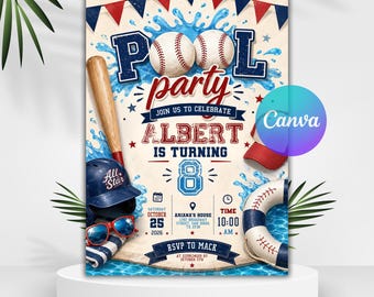 Baseball Pool Birthday Invitation, Sports Summer Party Invite, Baseball Theme, Baseball Pool Invitation,Sport Invite,Editable Canva Template