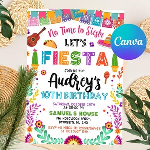 Convite de aniversário de festa editável, convite com tema mexicano, convite de festa, convite de aniversário de papel mexicano, modelo Canva