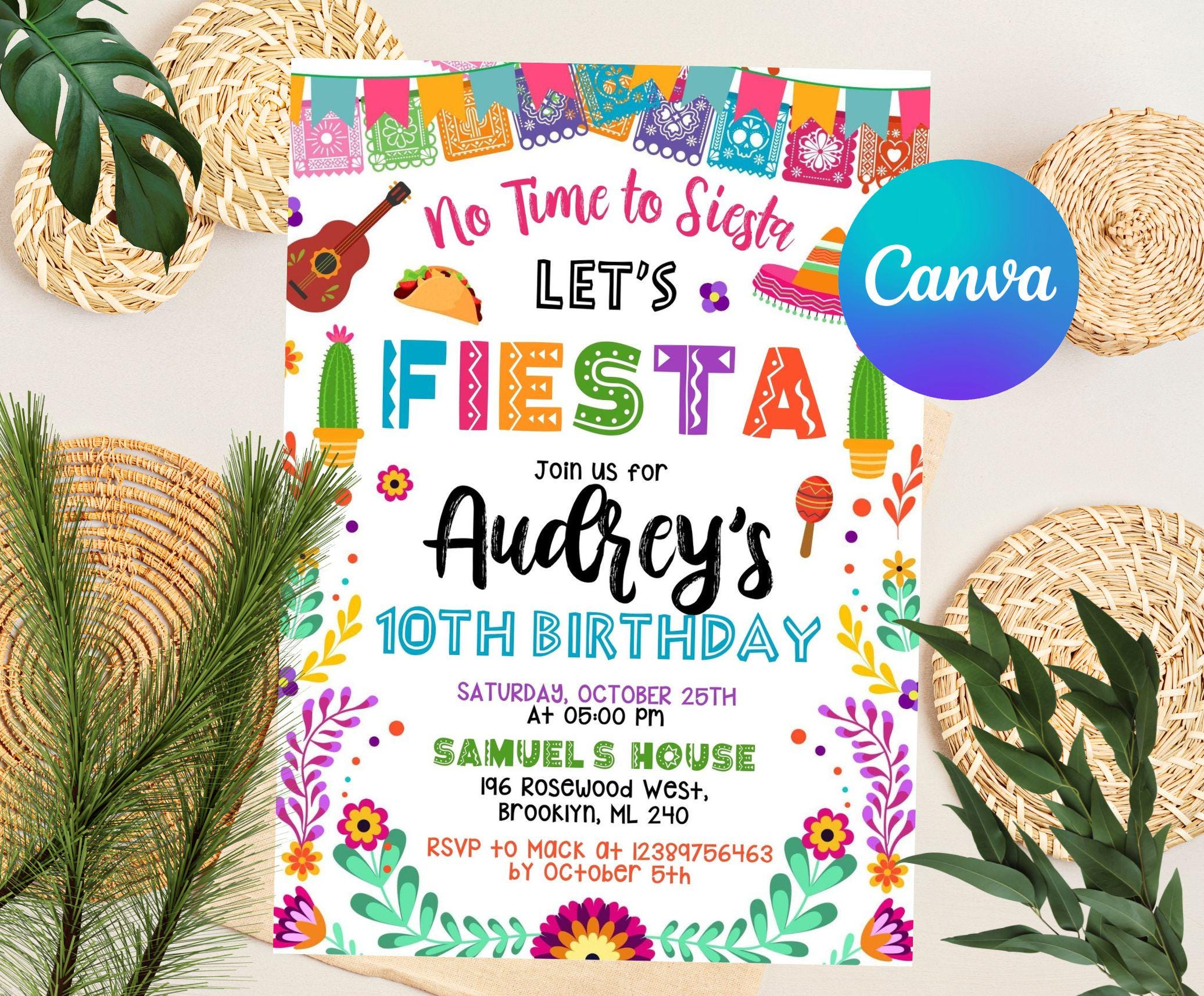 Editable Fiesta Birthday Invitation, Mexican Theme Invitation, Fiesta Invitation, Mexican Papel Birthday Invite, Canva Template