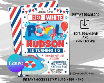 Pool Party Invitation, 4th of July Invitation, Birthday invite, red white blue pool party Invite, kids summer swim party, EDITABLE TEMPLATE