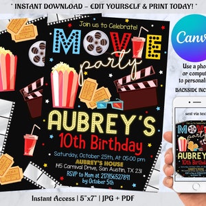 Editable Movie Birthday Invitation, Printable Birthday Party Invitations, Digital Kids Party Invite with CANVA