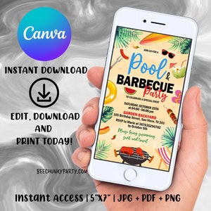 BBQ and Pool Party Invitations, Backyard BBQ and Pool Invite, Summer Party Invitation, Digital, Mobile Invite