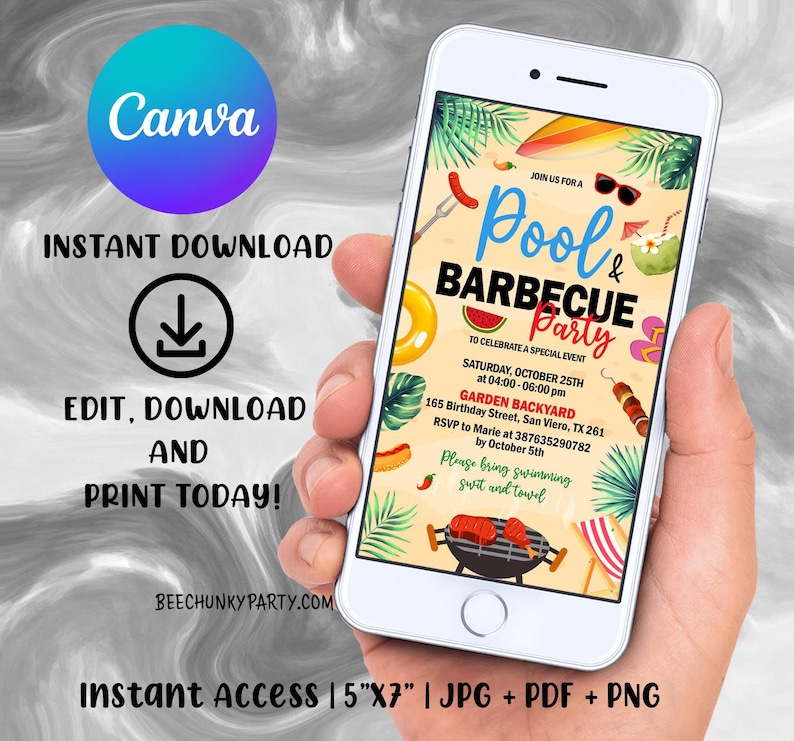 May include: A digital invitation for a pool and barbecue party. The invitation features a colorful illustration of a pool, barbecue grill, and other summer-themed items. The text on the invitation reads "Pool & Barbecue Party" and includes the date, time, and location of the event. The invitation also includes a request for guests to bring swimming suits and towels.
