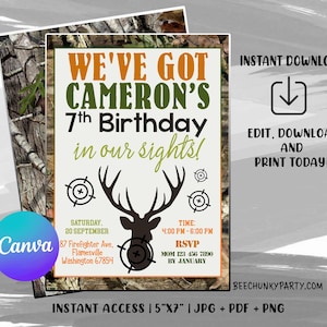 May include: A printable 5x7 inch invitation for a 7th birthday party with a camouflage background and a deer silhouette. The text reads "We've Got Cameron's 7th Birthday in our sights!" with details for the party including the date, time, and RSVP information.