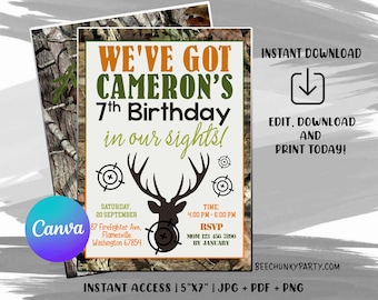 Invitación de cumpleaños con temática de caza, invitación de cumpleaños con temática de caza, invitación de ciervo, tema de ciervo, invitación de caza
