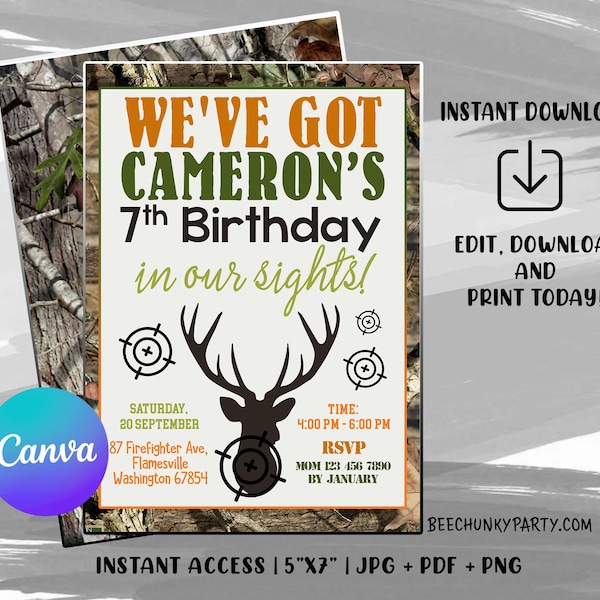 Hunting Birthday Party Invitation, Hunting Birthday Invitation, Deer Invitation, Deer Theme, Hunting Invite