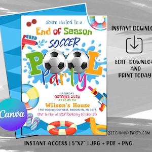 Editable Soccer Pool Party Invitation, Sports Summer Pool Party, Sports Pool Birthday Party, Pool Party Birthday, Instant Download