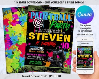 May include: A black and green paintball party invitation with a target, the words "Paintball Party", and the name "Steven" in yellow. The invitation is for Steven's 10th birthday and includes the date, time, and location of the party. The invitation also includes a photo of two people in camouflage gear holding paintball guns.
